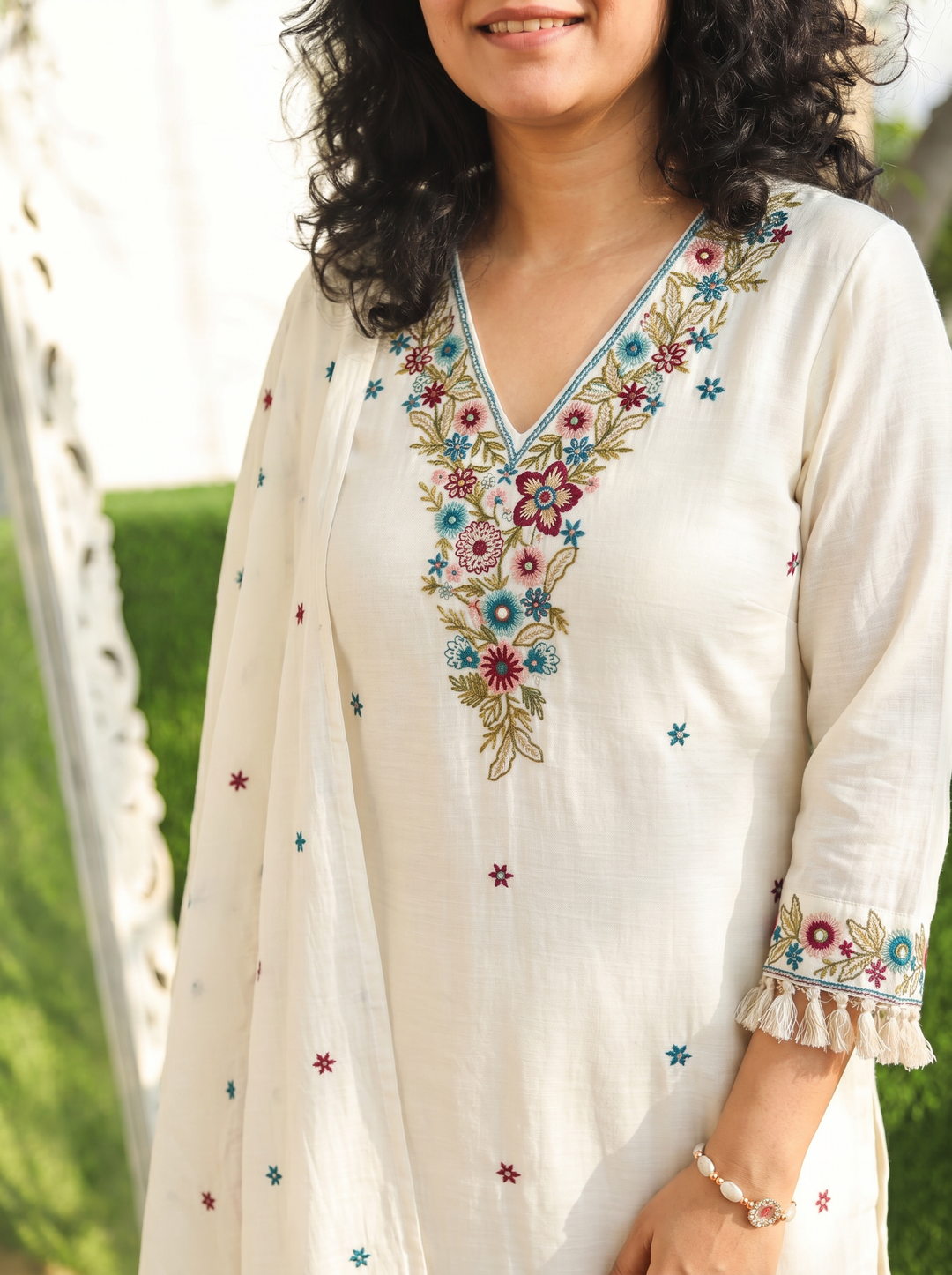 Preet White V Neck Embroidered Cotton Blend Set