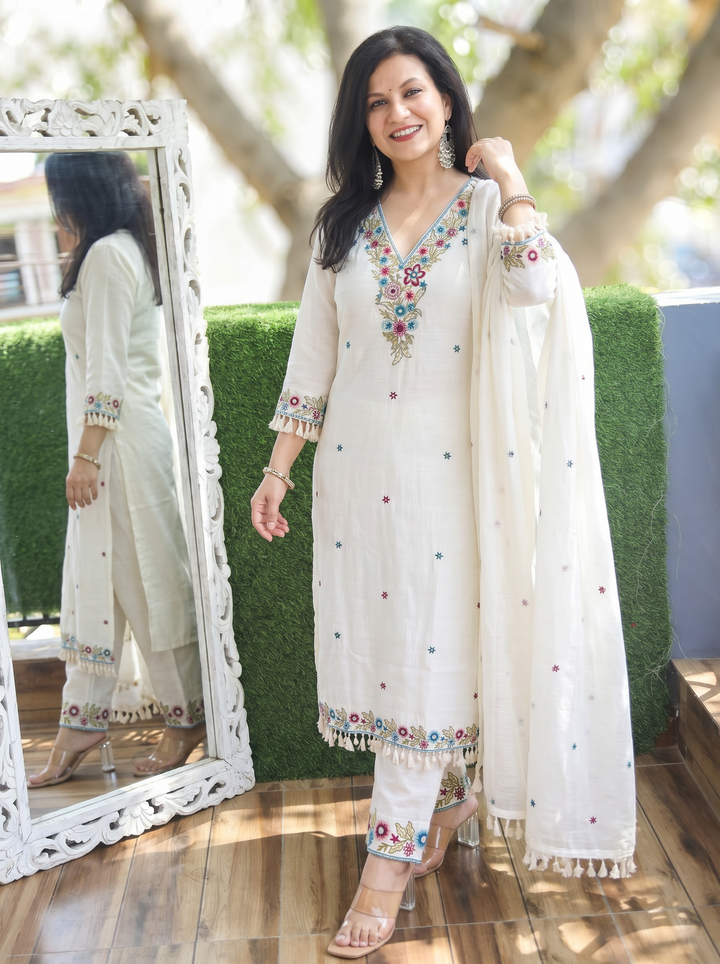 Preet White V Neck Embroidered Cotton Blend Set