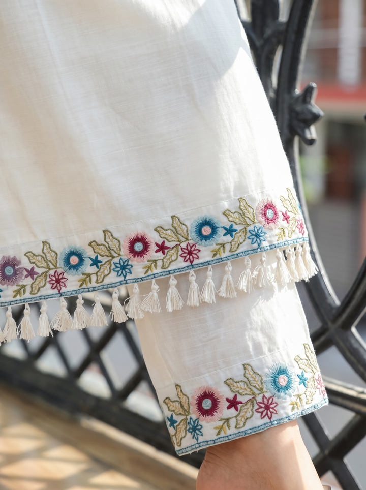 Preet White V Neck Embroidered Cotton Blend Set