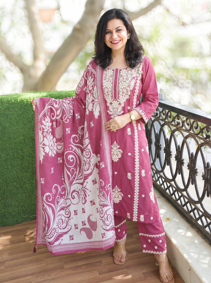 Ahana Mauve Chikankari Cotton 3 Piece Set
