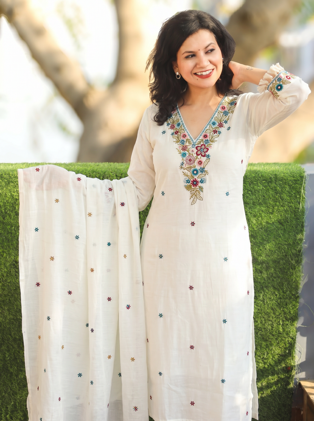 Preet White V Neck Embroidered Cotton Blend Set