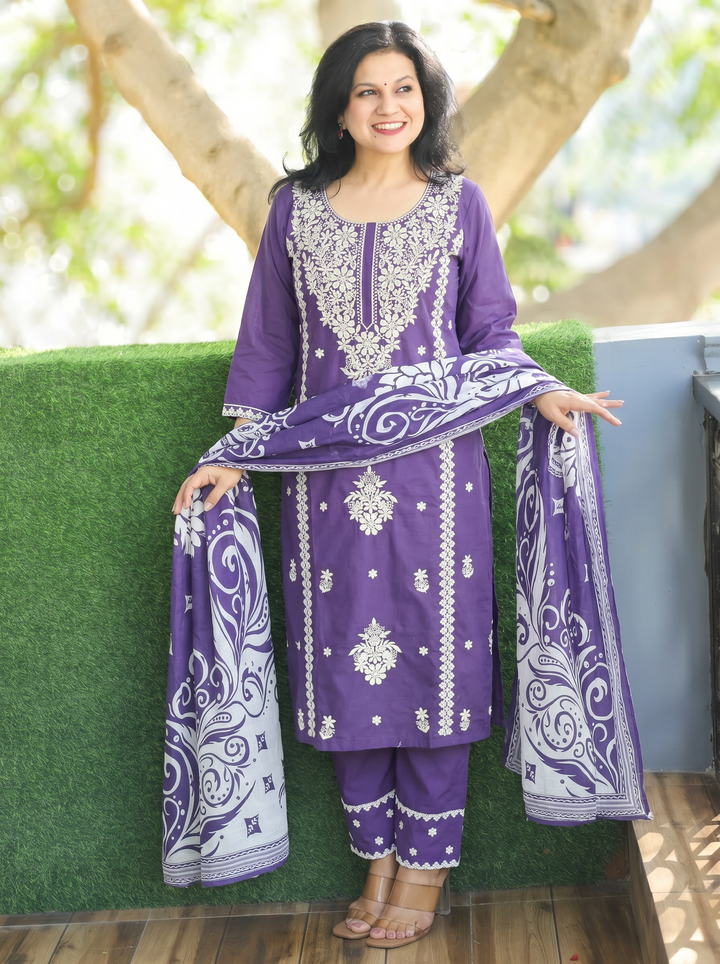 Ahana Purple Chikankari Cotton 3 Piece Set