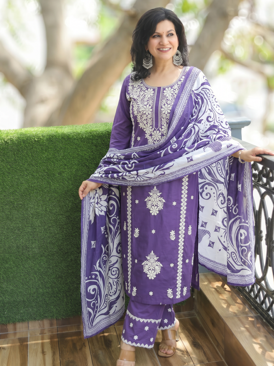 Ahana Purple Chikankari Cotton 3 Piece Set