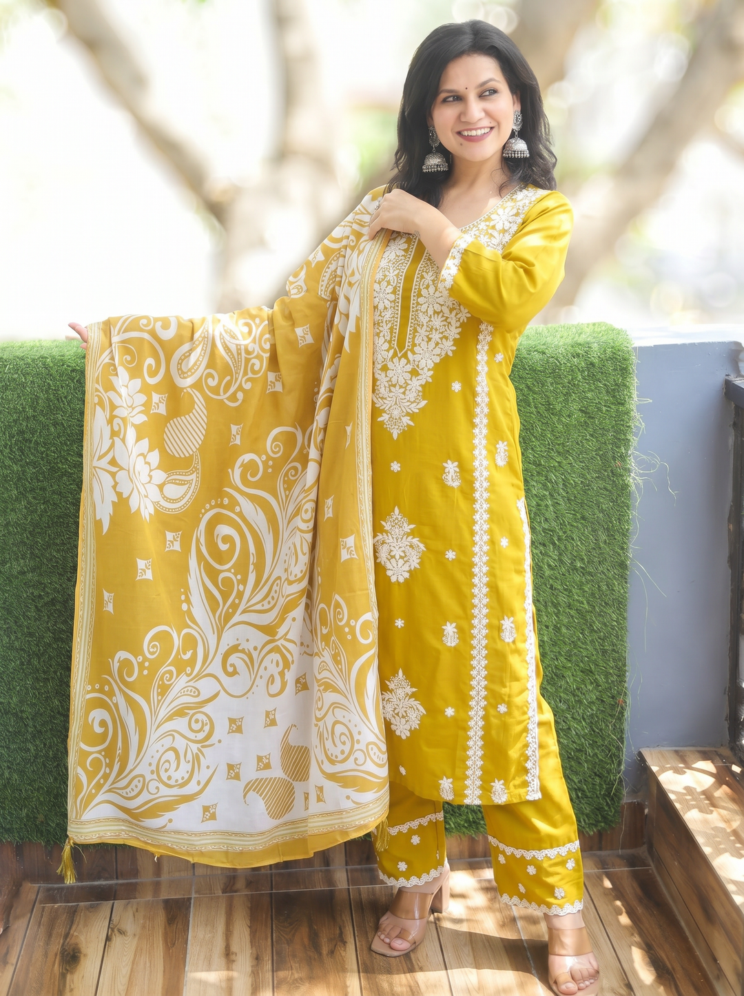 Ahana Yellow Chikankari Cotton 3 Piece Set