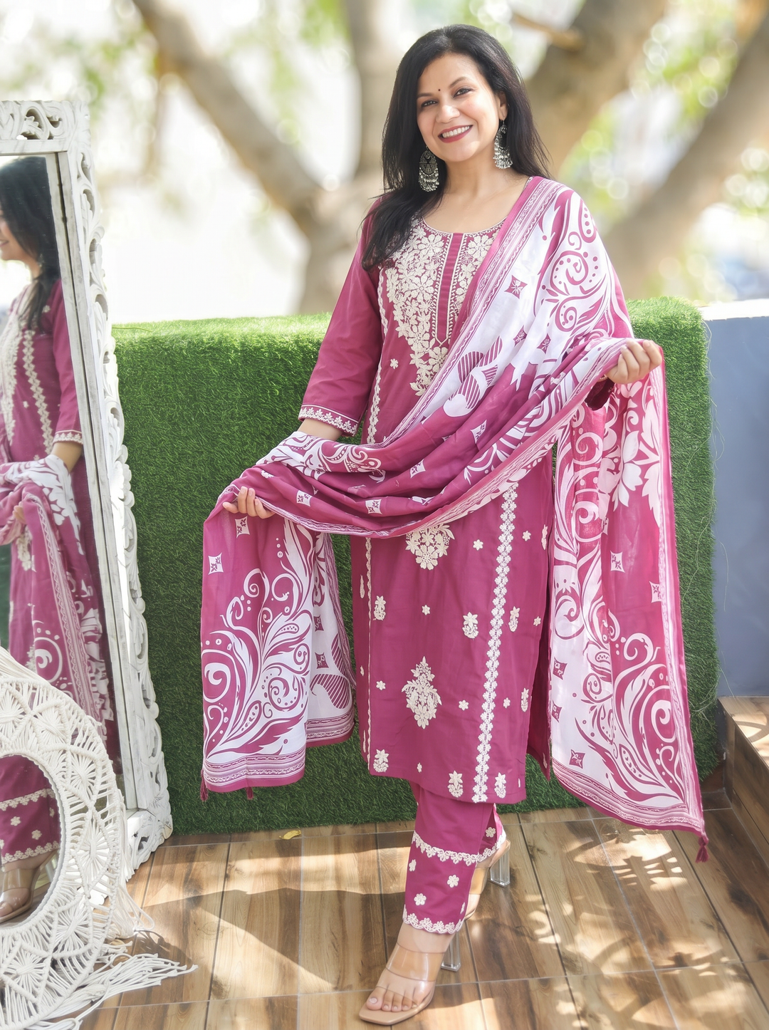 Ahana Mauve Chikankari Cotton 3 Piece Set