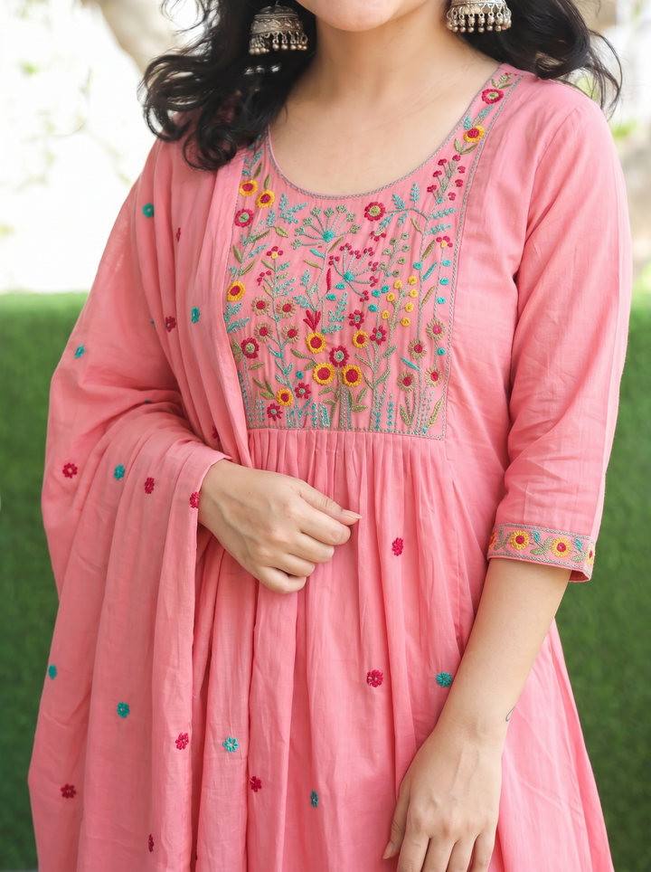 Ella Pink Embroidered Gathered Mul Cotton 3 Piece Set