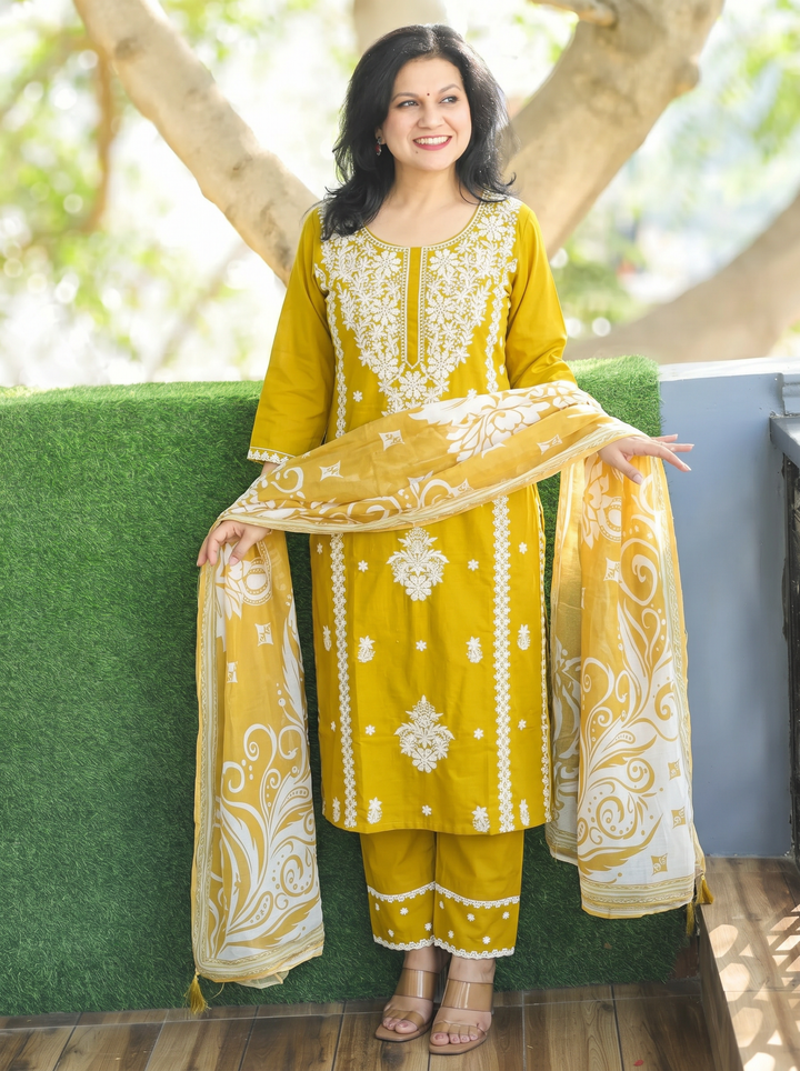 Ahana Yellow Chikankari Cotton 3 Piece Set