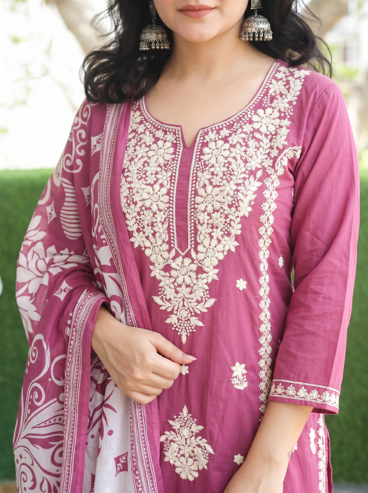 Ahana Mauve Chikankari Cotton 3 Piece Set
