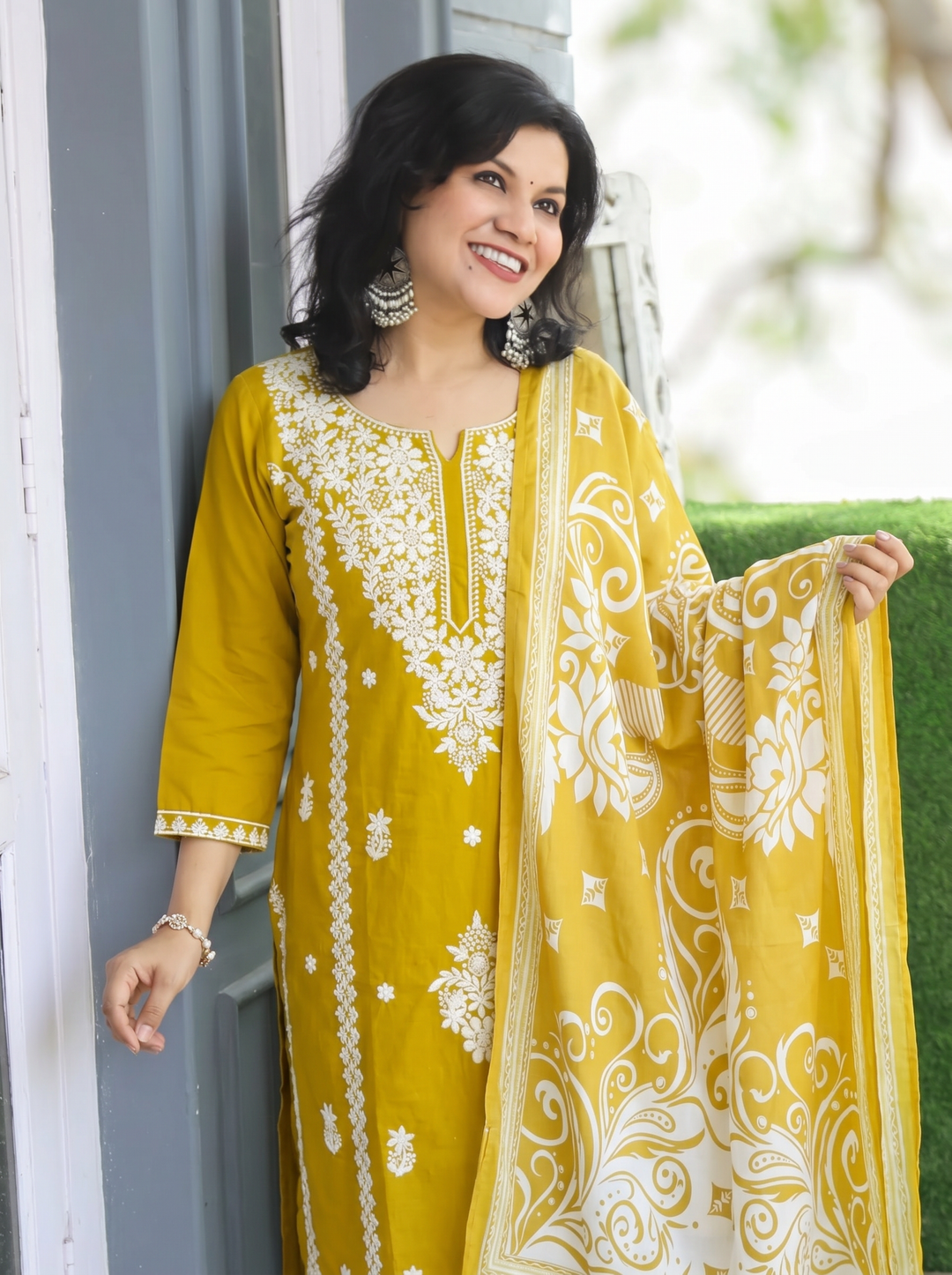 Ahana Yellow Chikankari Cotton 3 Piece Set