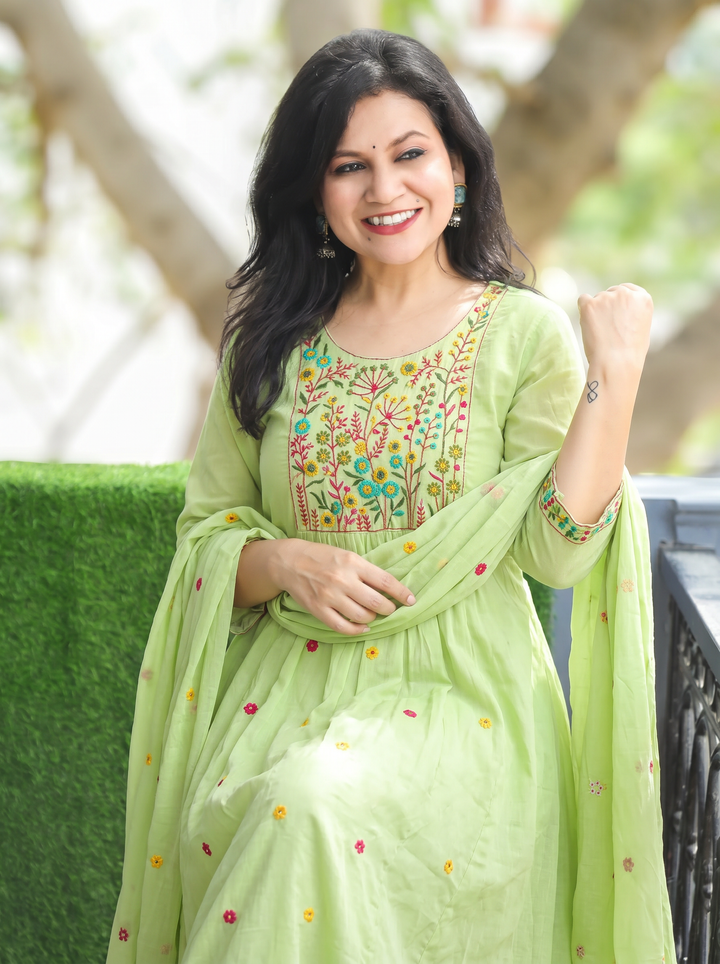 Ella Green Embroidered Gathered Mul Cotton 3 Piece Set