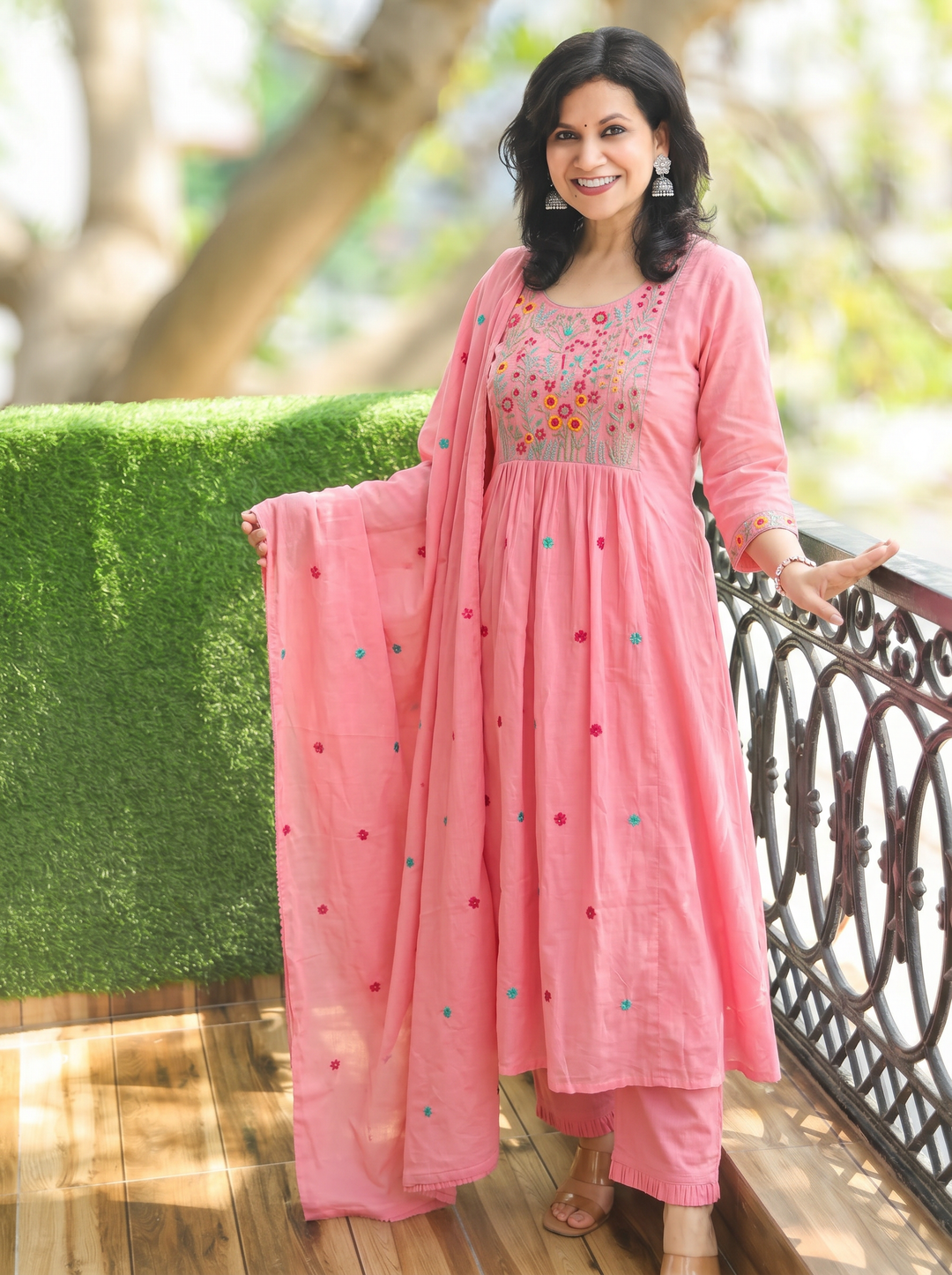 Ella Pink Embroidered Gathered Mul Cotton 3 Piece Set