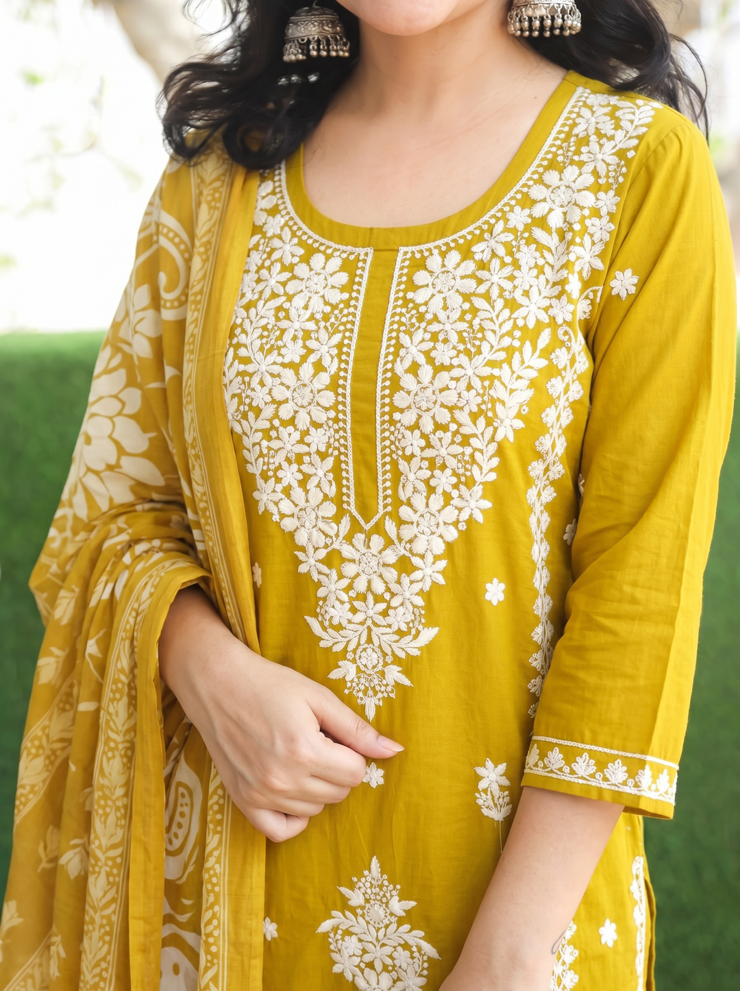 Ahana Yellow Chikankari Cotton 3 Piece Set