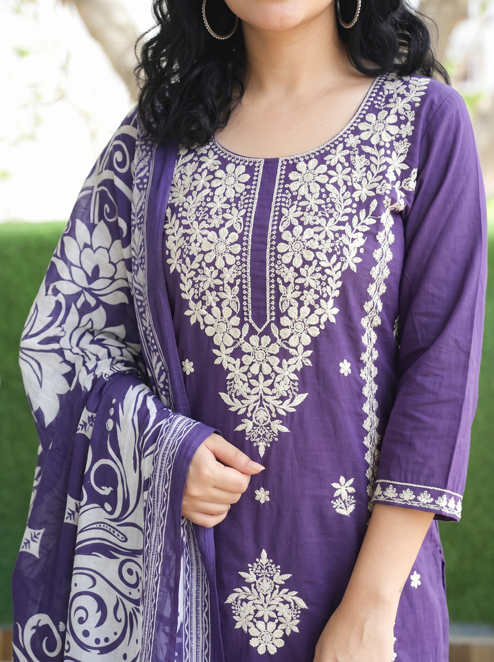 Ahana Purple Chikankari Cotton 3 Piece Set
