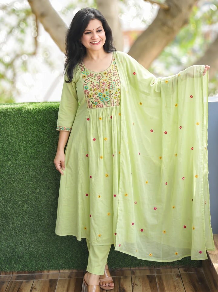 Ella Green Embroidered Gathered Mul Cotton 3 Piece Set