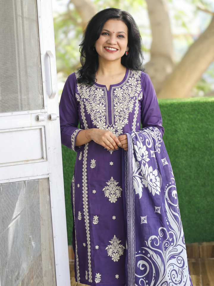 Ahana Purple Chikankari Cotton 3 Piece Set