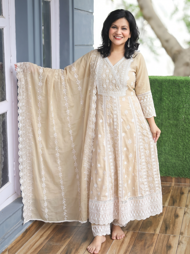 Rashmi Hazel Beige Anarkali Mul Cotton 3 Piece Set