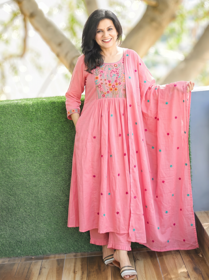 Ella Pink Embroidered Gathered Mul Cotton 3 Piece Set