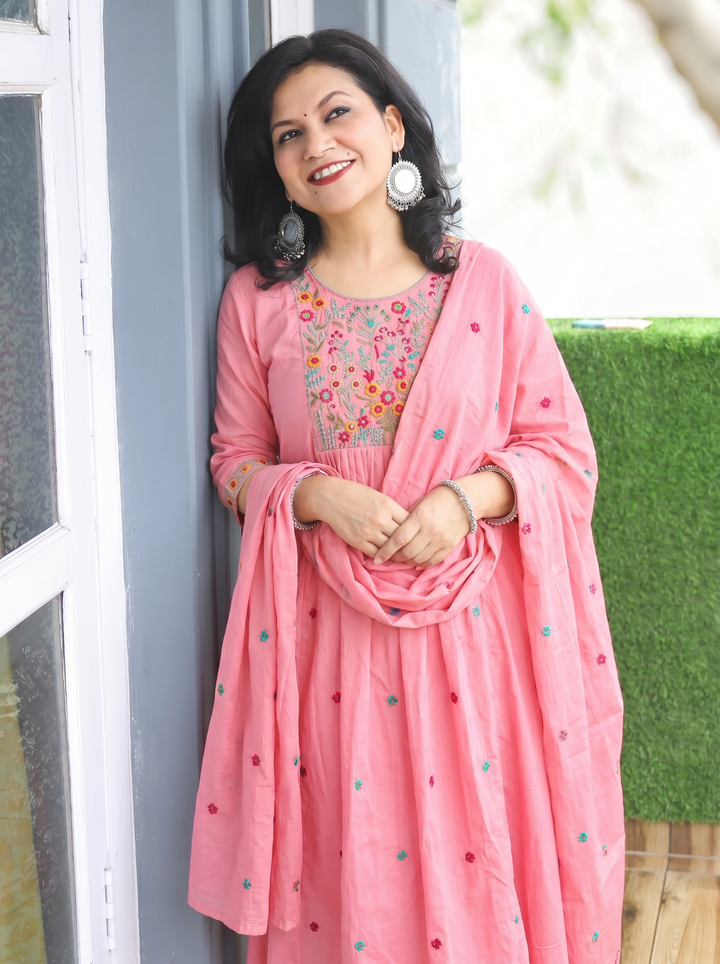 Ella Pink Embroidered Gathered Mul Cotton 3 Piece Set