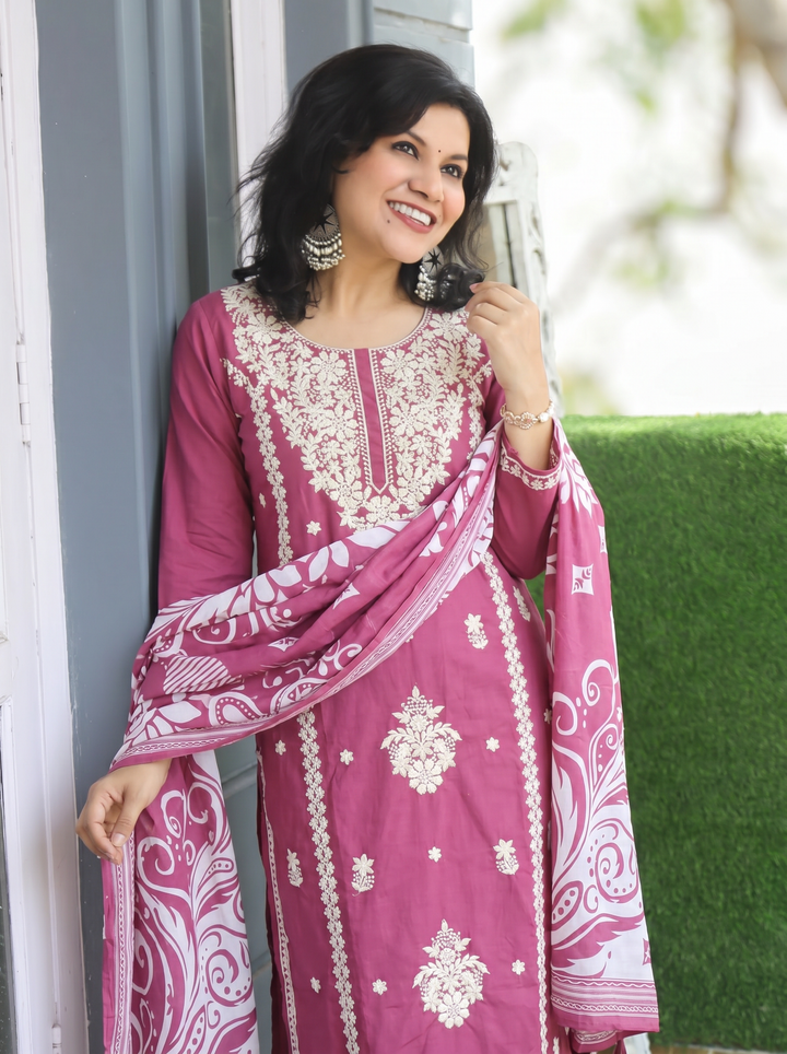 Ahana Mauve Chikankari Cotton 3 Piece Set