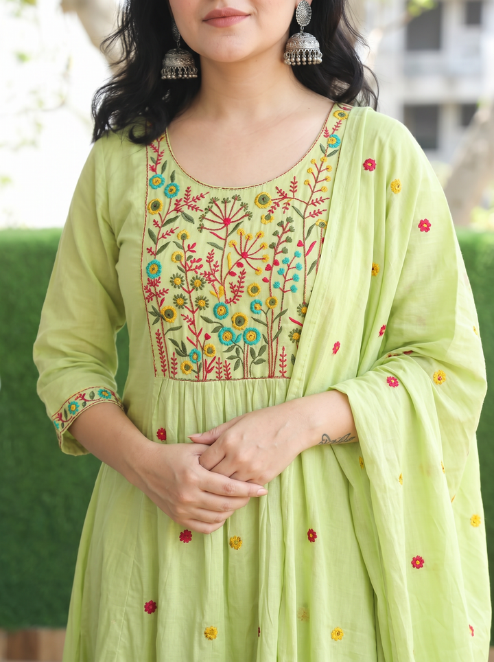 Ella Green Embroidered Gathered Mul Cotton 3 Piece Set