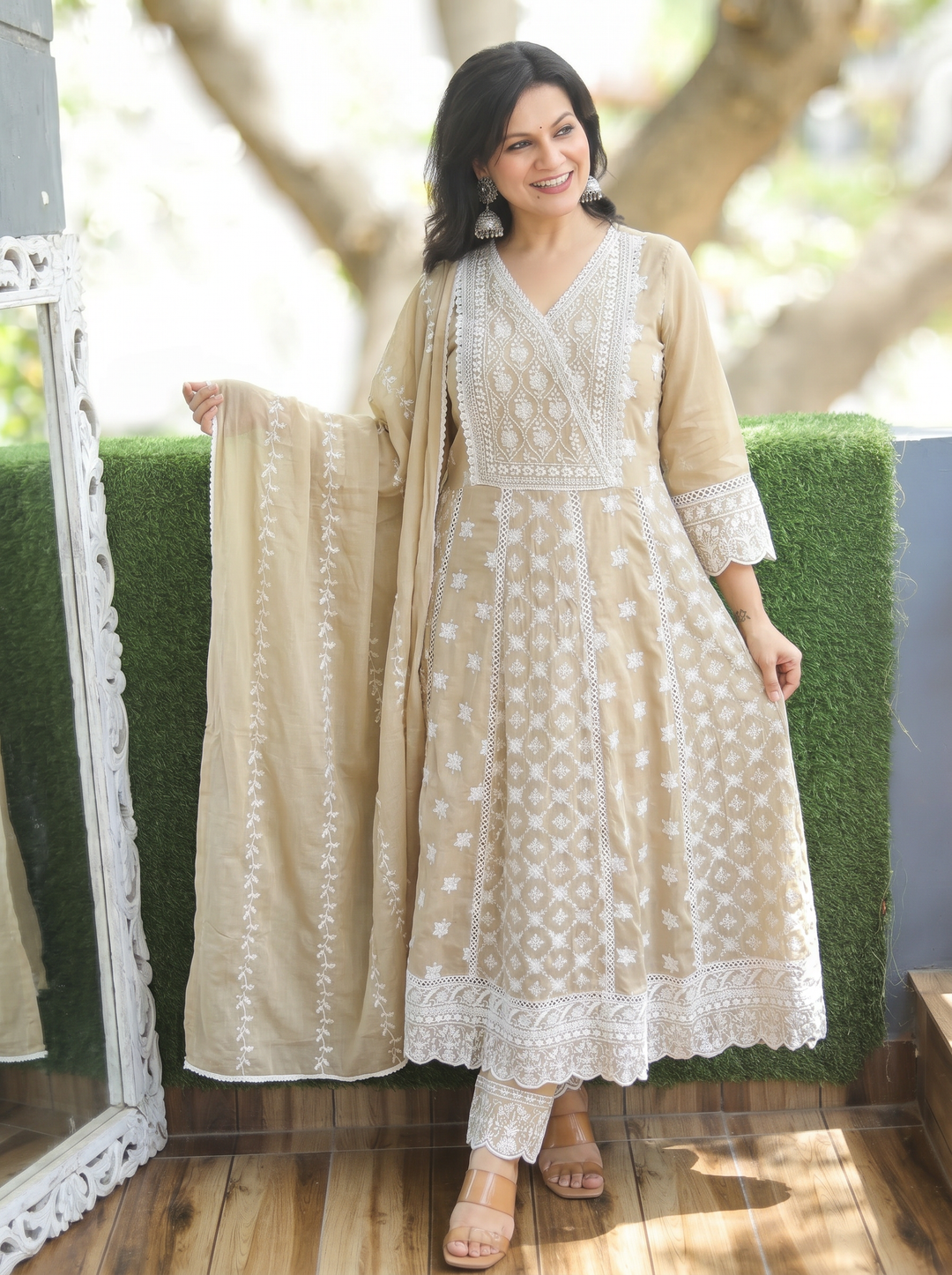 Rashmi Hazel Beige Anarkali Mul Cotton 3 Piece Set