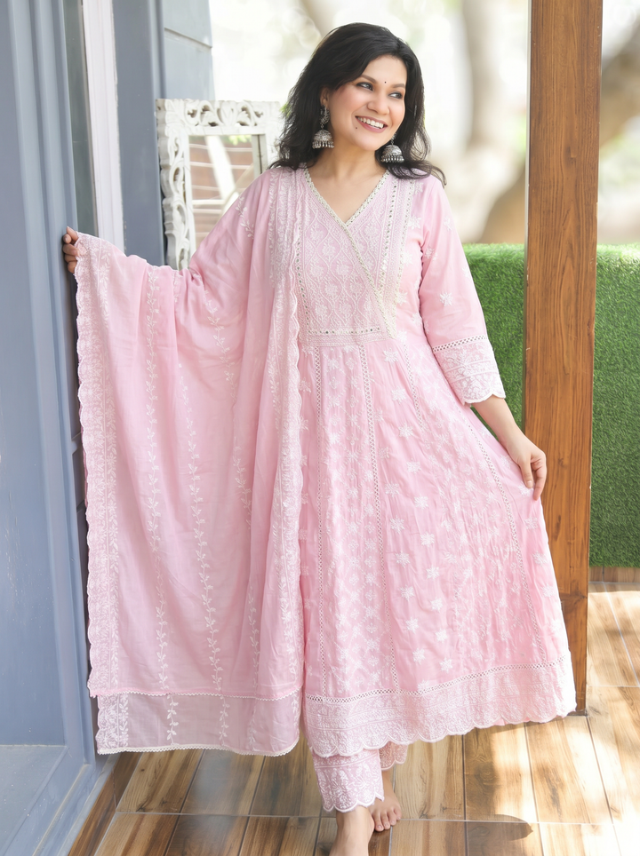 Rashmi Petal Pink Anarkali Mul Cotton 3 Piece Set