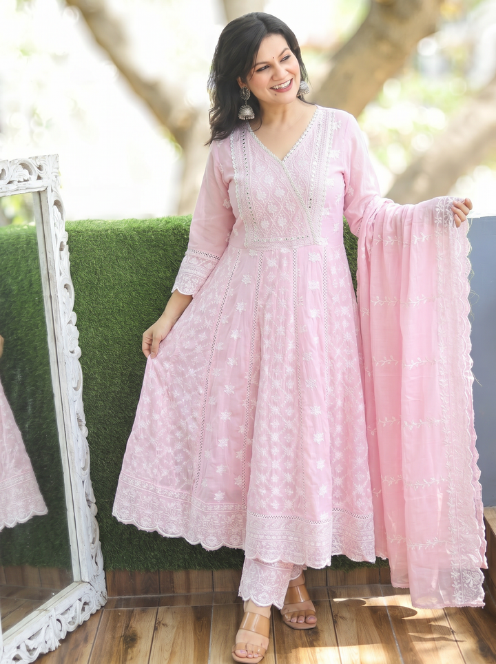 Rashmi Petal Pink Anarkali Mul Cotton 3 Piece Set