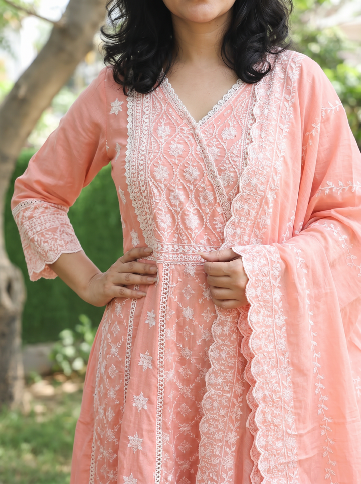 Rashmi Pastel Peach Anarkali Mul Cotton 3 Piece Set