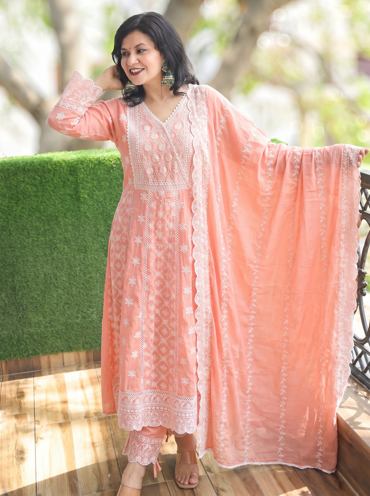 Rashmi Pastel Peach Anarkali Mul Cotton 3 Piece Set