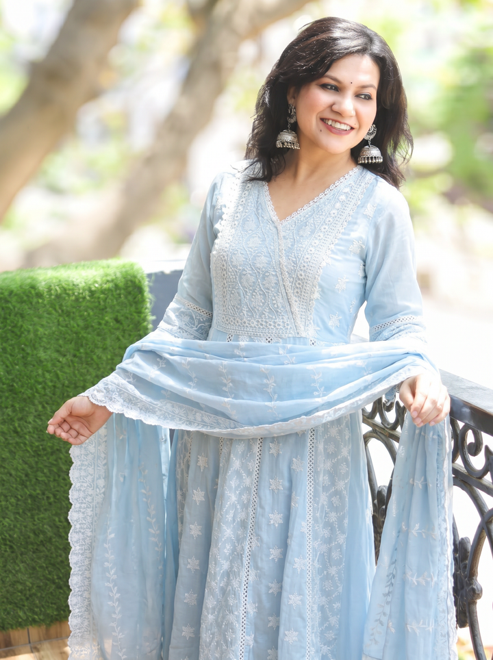 Rashmi Ice Blue Anarkali Mul Cotton 3 Piece Set