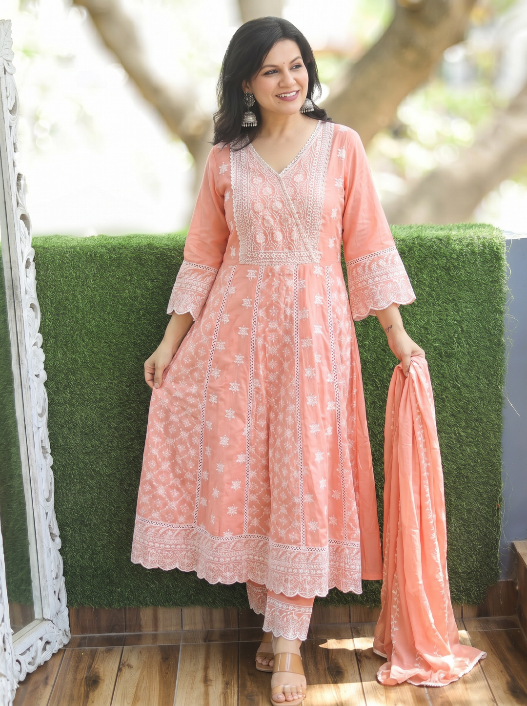 Rashmi Pastel Peach Anarkali Mul Cotton 3 Piece Set