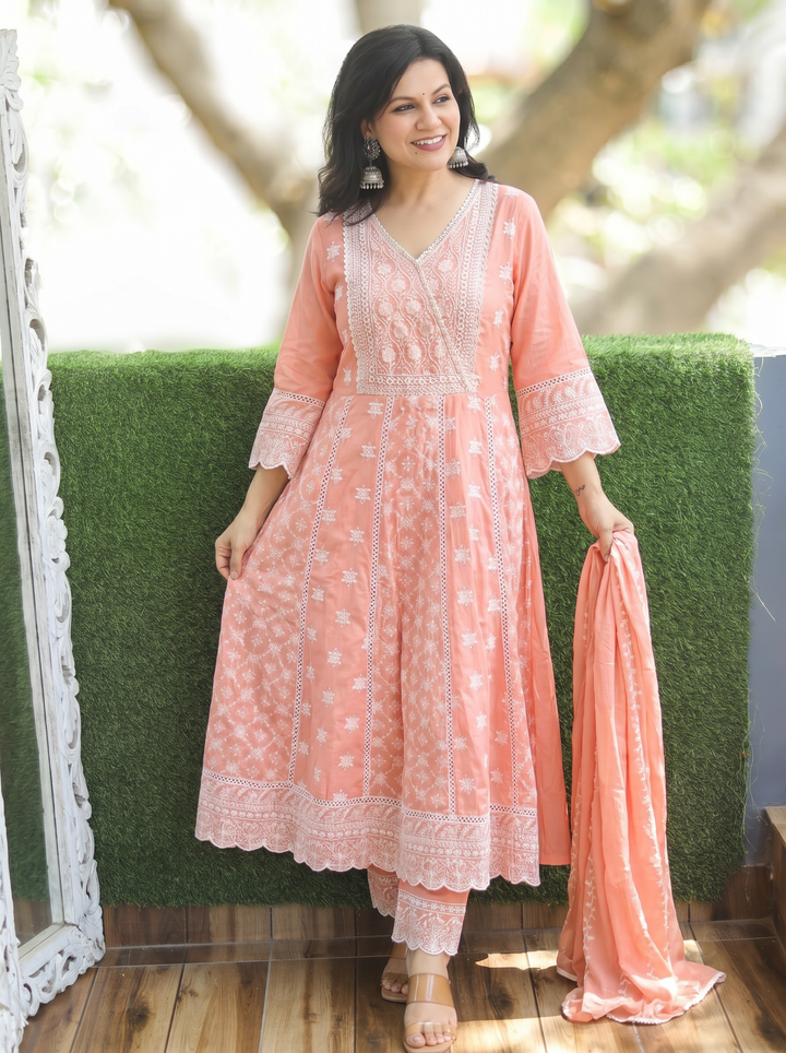 Rashmi Pastel Peach Anarkali Mul Cotton 3 Piece Set