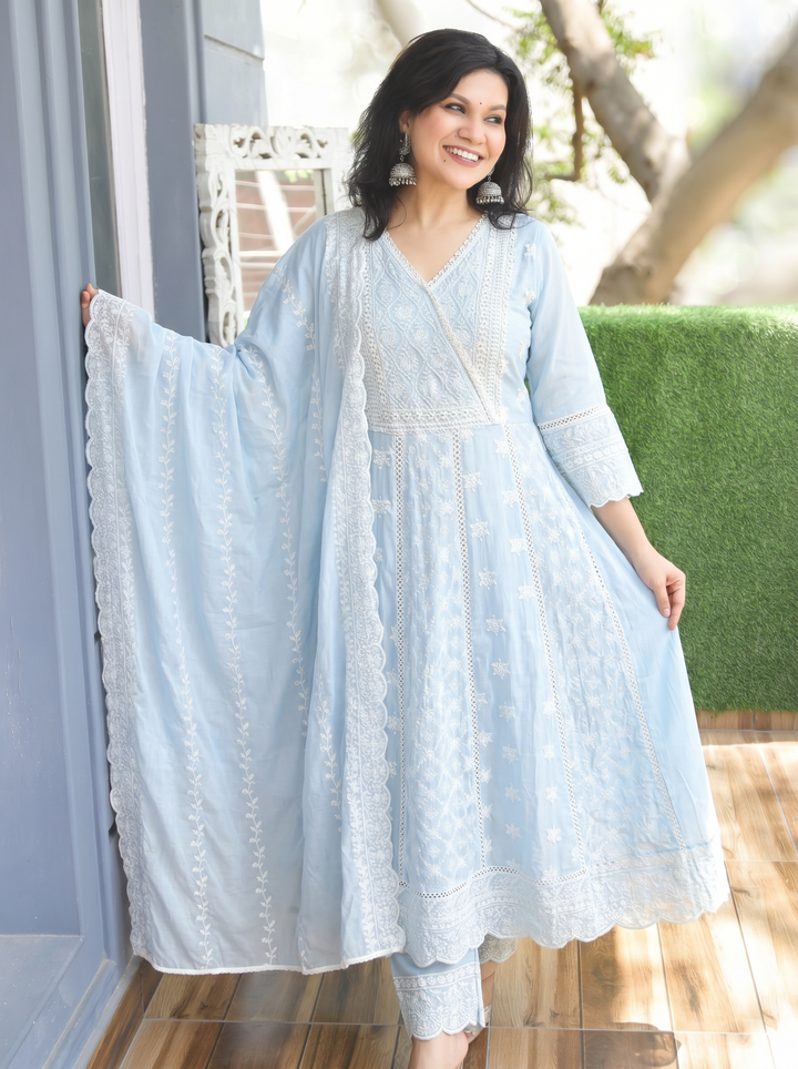 Rashmi Ice Blue Anarkali Mul Cotton 3 Piece Set