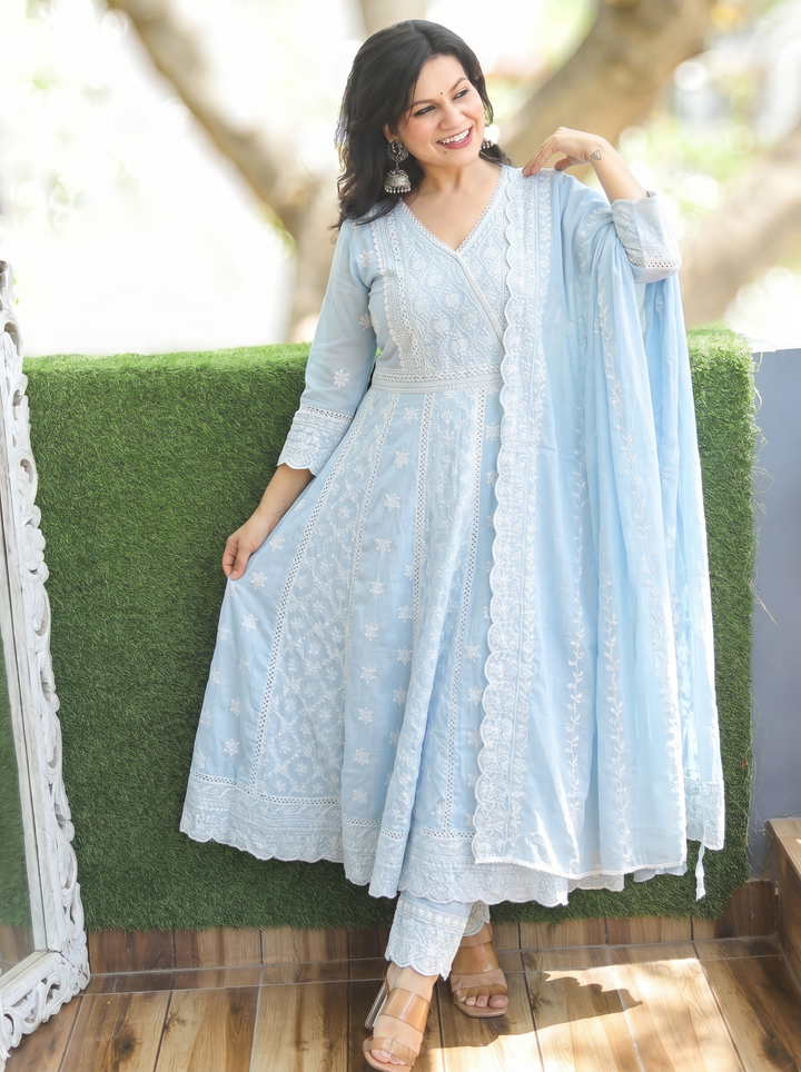 Rashmi Ice Blue Anarkali Mul Cotton 3 Piece Set