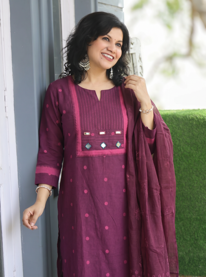Radhika Purple Mirror Work South Cotton 3 Piece Set