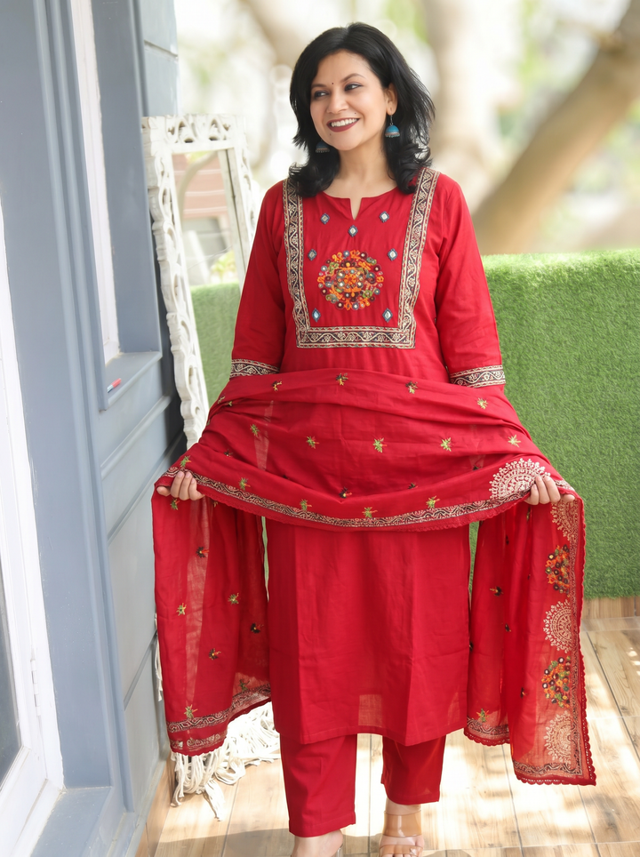Nancy Red Embroidered Yoke Cotton 3 Piece Set