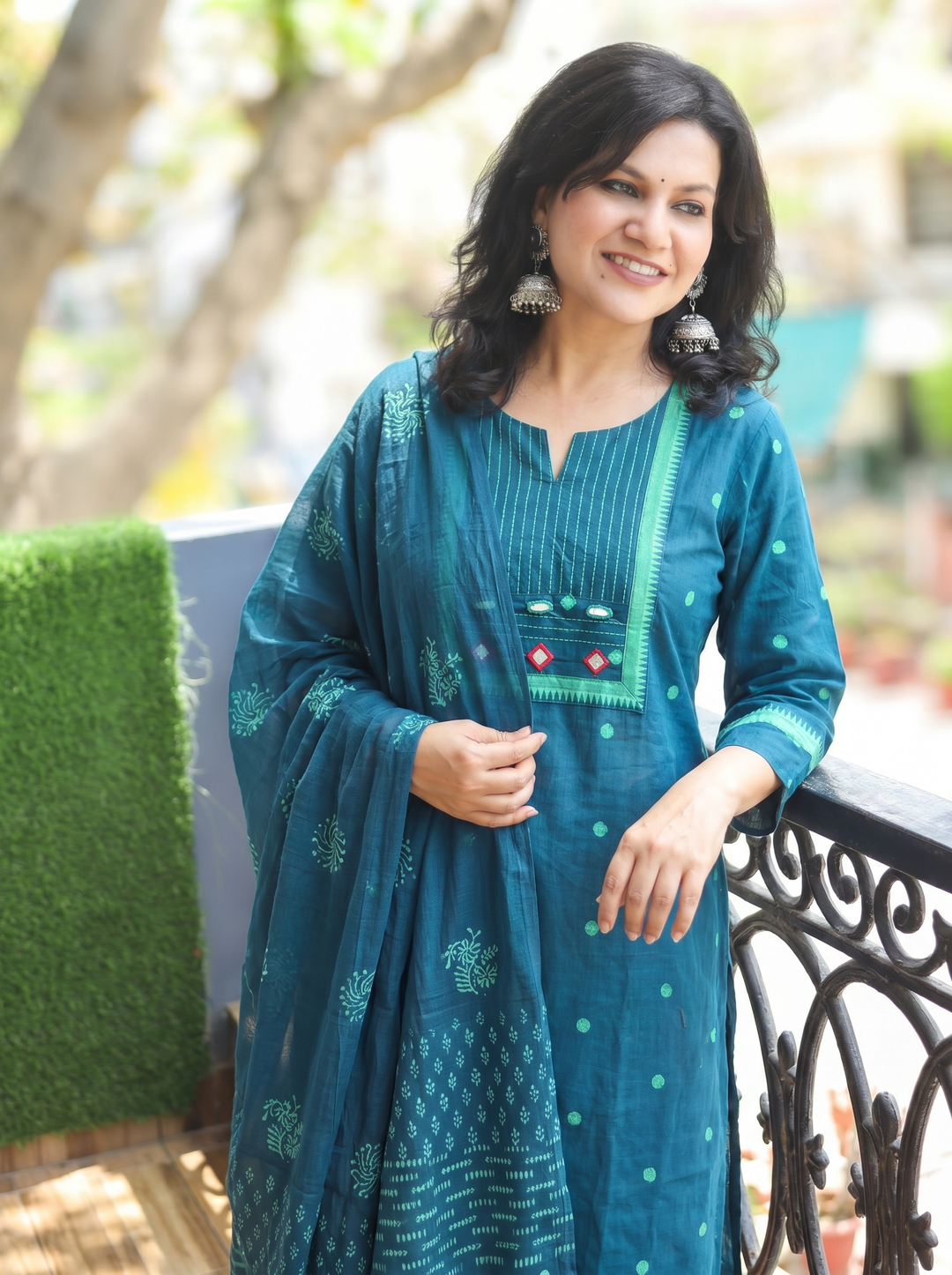 Radhika Teal Mirror Work South Cotton 3 Piece Set