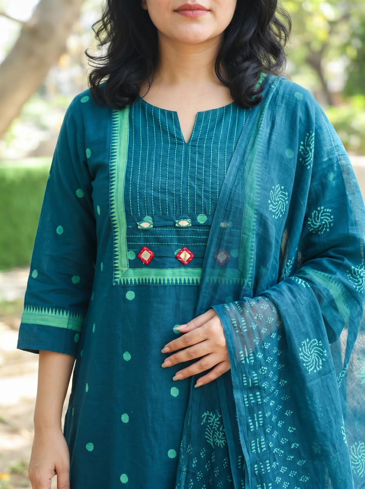 Radhika Teal Mirror Work South Cotton 3 Piece Set