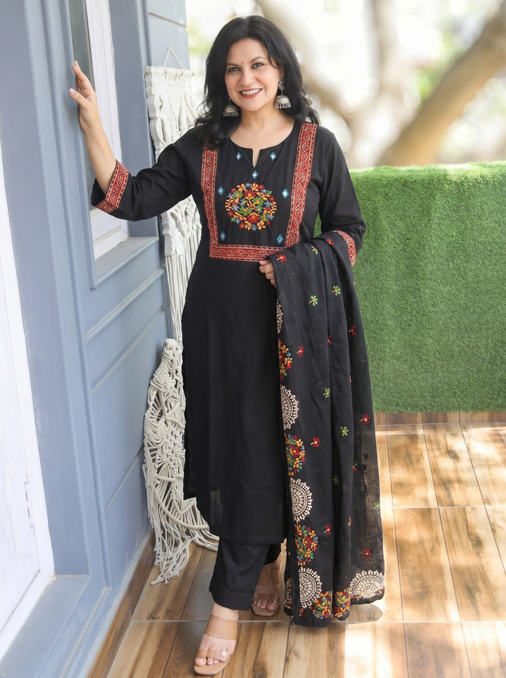 Nancy Black Embroidered Yoke Cotton 3 Piece Set