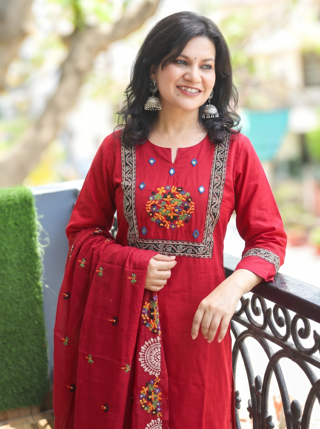 Nancy Red Embroidered Yoke Cotton 3 Piece Set