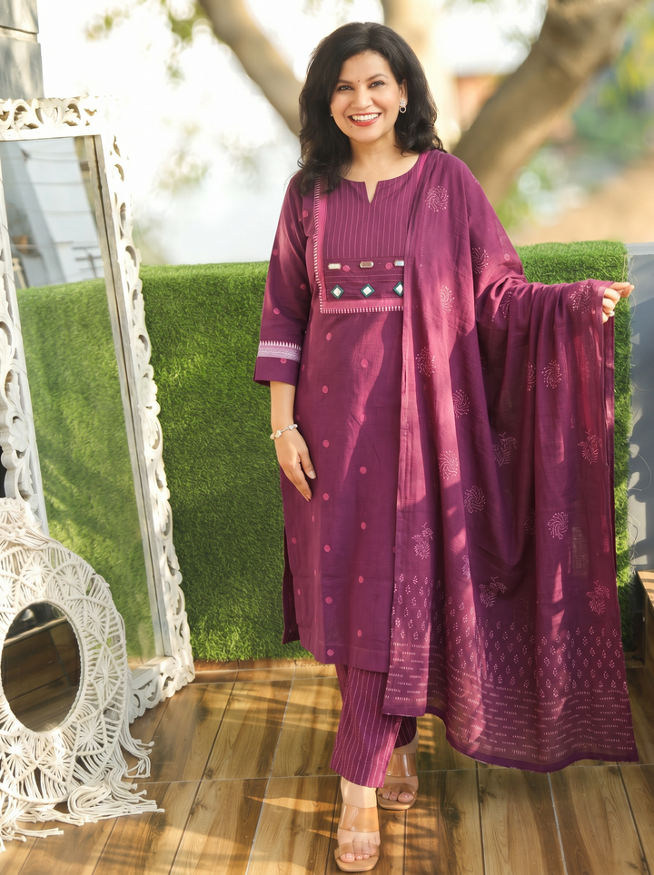 Radhika Purple Mirror Work South Cotton 3 Piece Set