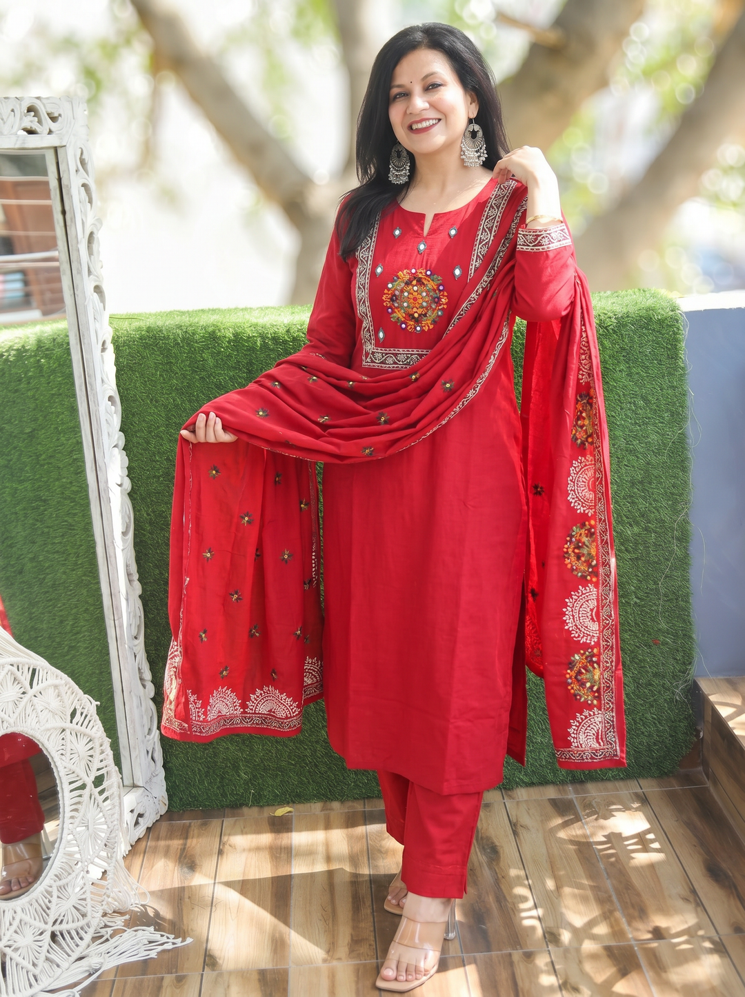 Nancy Red Embroidered Yoke Cotton 3 Piece Set