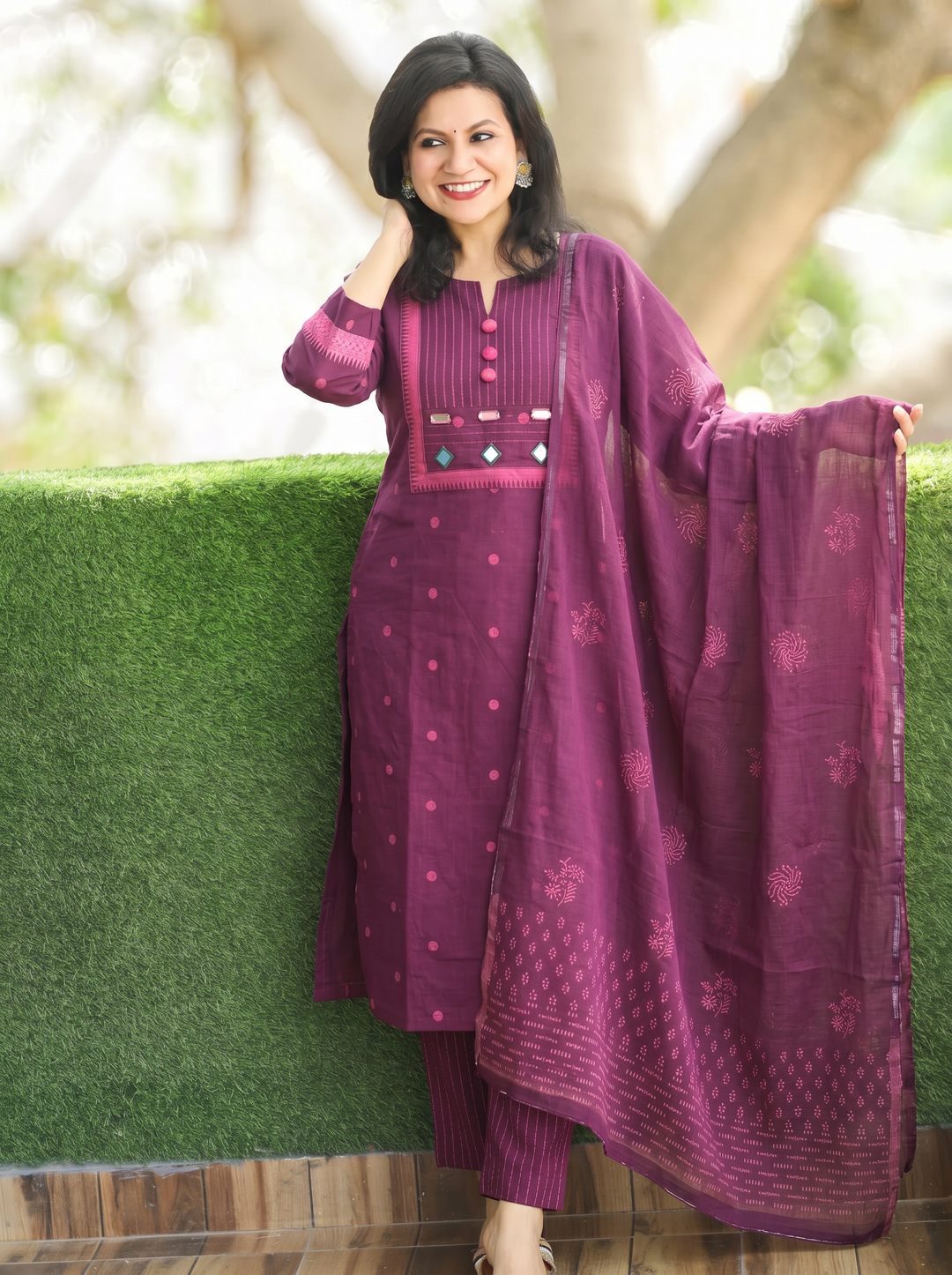 Radhika Purple Mirror Work South Cotton 3 Piece Set
