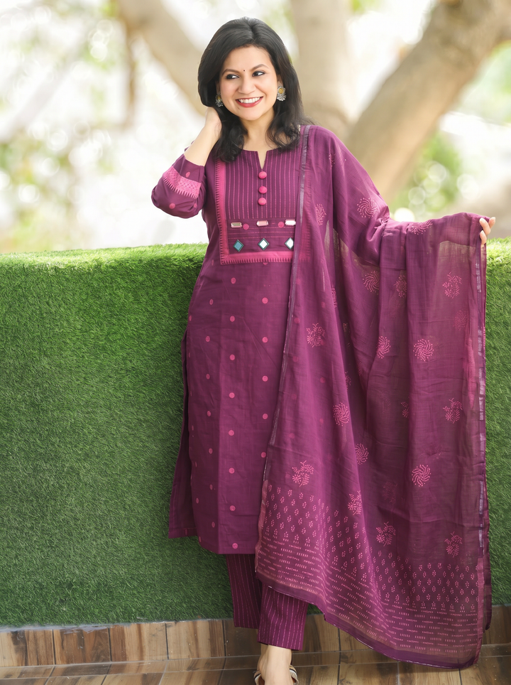 Radhika Purple Mirror Work South Cotton 3 Piece Set