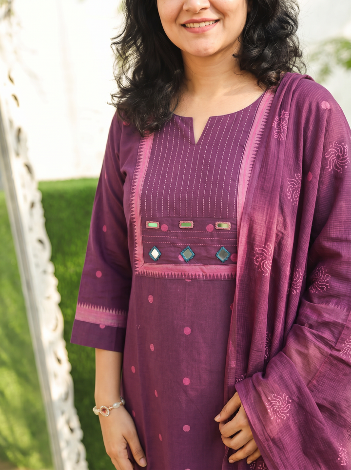 Radhika Purple Mirror Work South Cotton 3 Piece Set