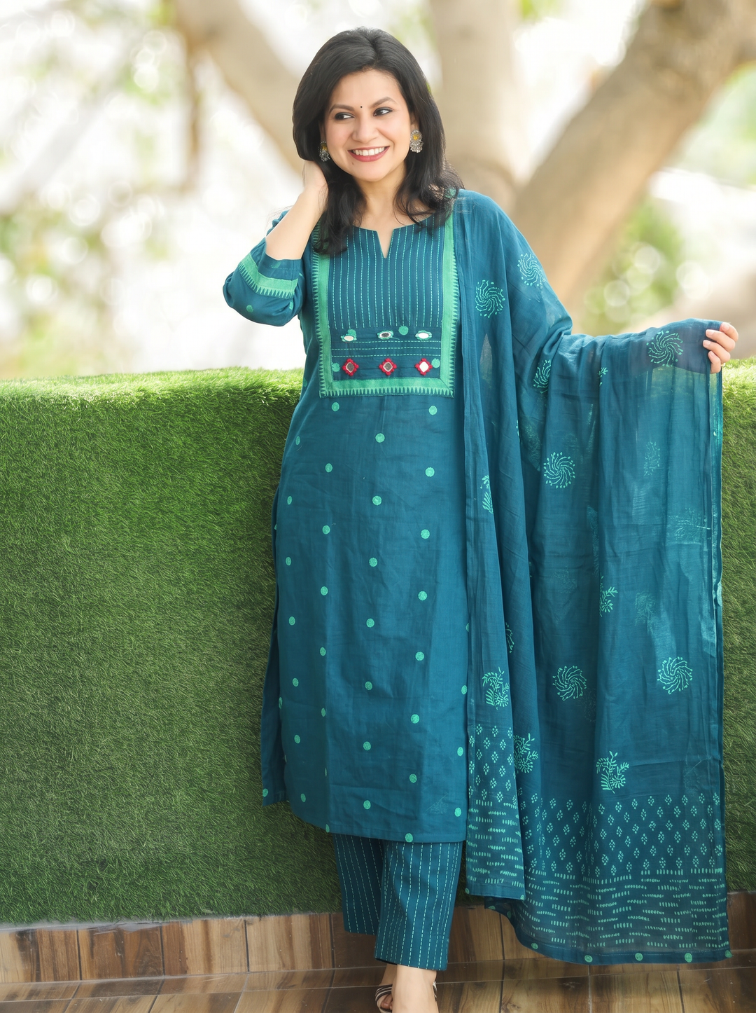 Radhika Teal Mirror Work South Cotton 3 Piece Set