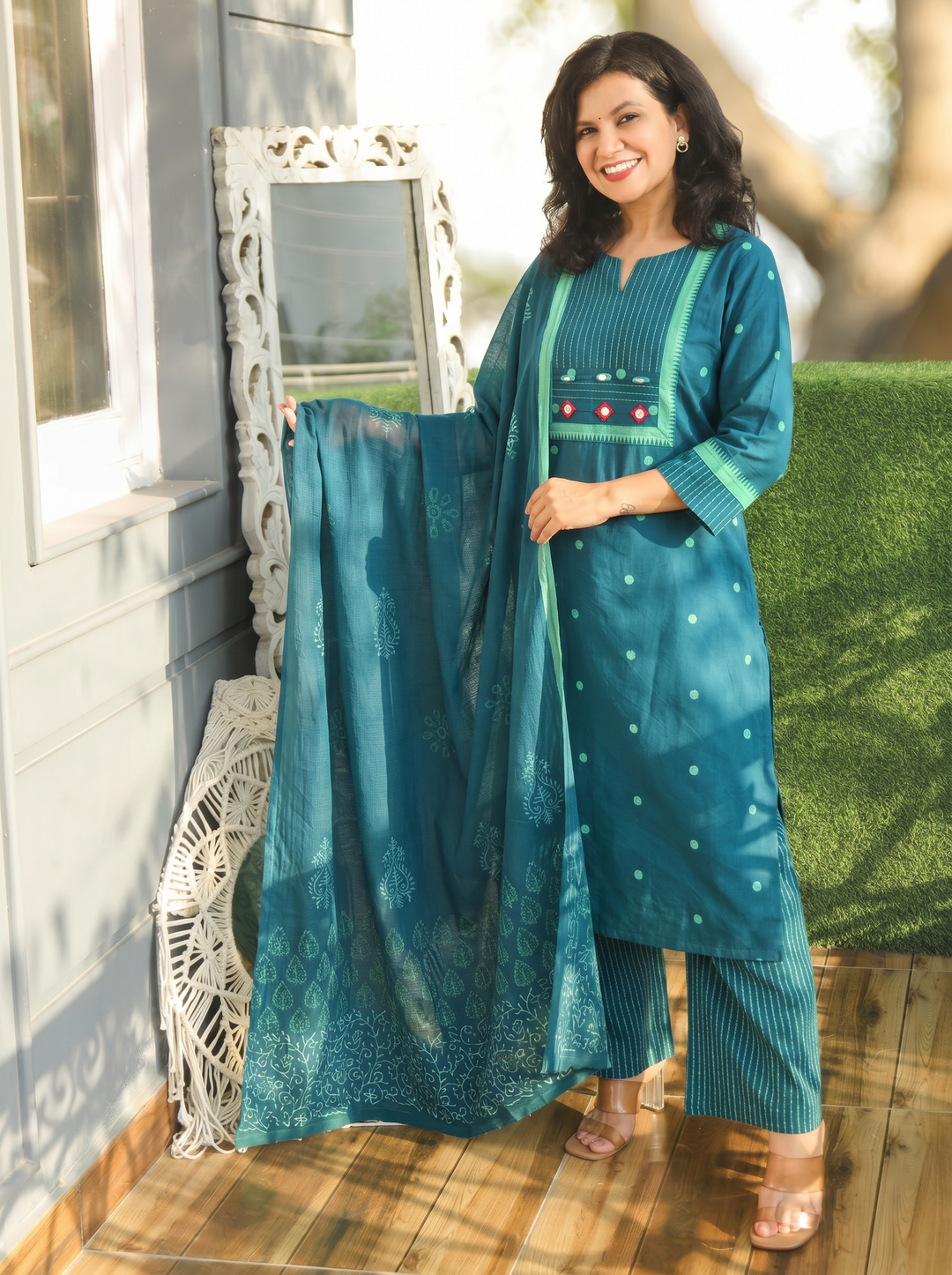 Radhika Teal Mirror Work South Cotton 3 Piece Set