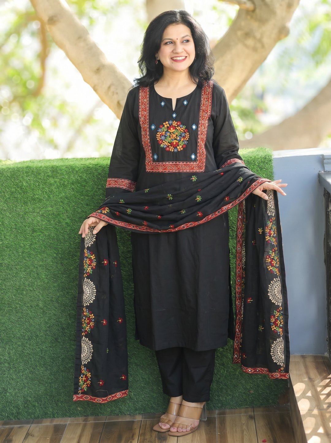 Nancy Black Embroidered Yoke Cotton 3 Piece Set