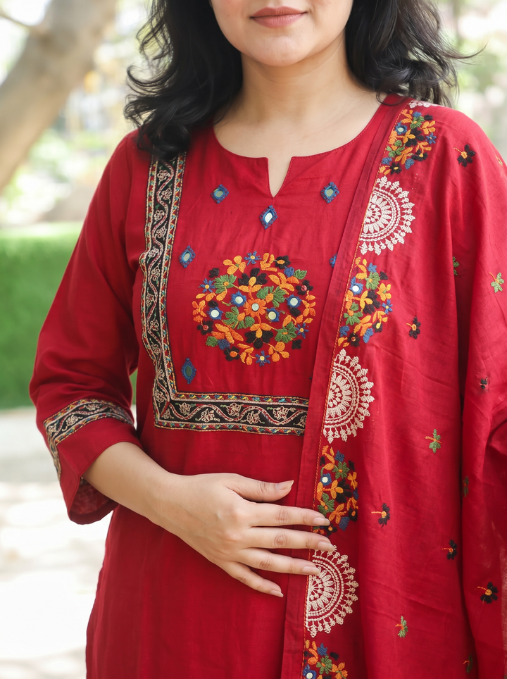 Nancy Red Embroidered Yoke Cotton 3 Piece Set