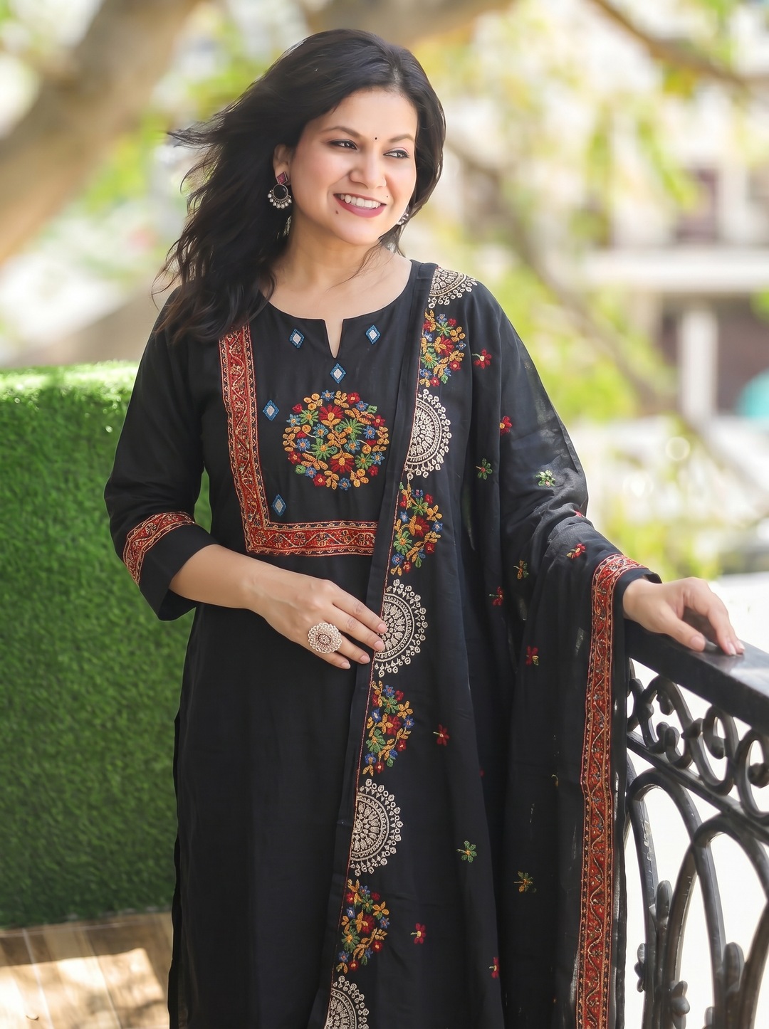 Nancy Black Embroidered Yoke Cotton 3 Piece Set
